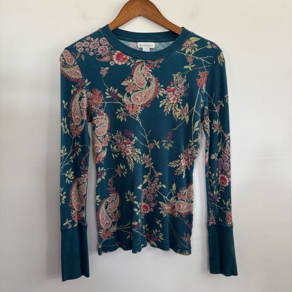 Sundance Teal Paisley Floral Thermal Waffle Long Sleeve Top Shirt Medium Boho - Picture 3 of 8